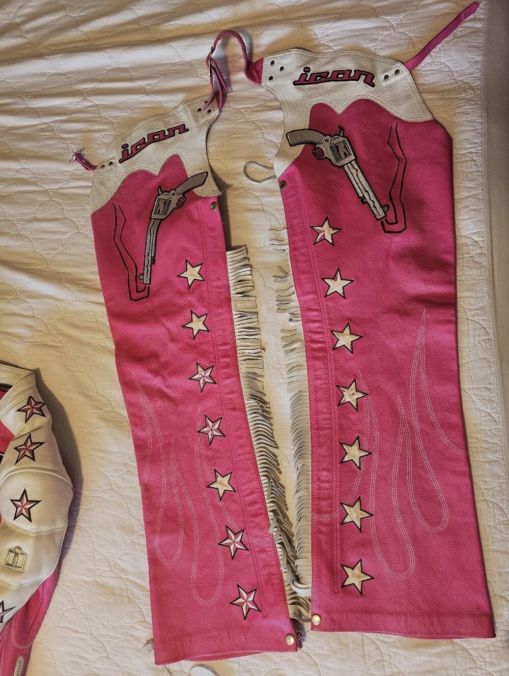 Motorcycle Leathed Chaps - Icon Kitty Pink